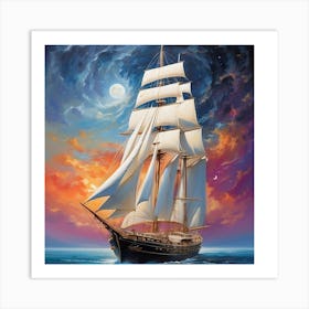 Sailing Ship At Night Art Print