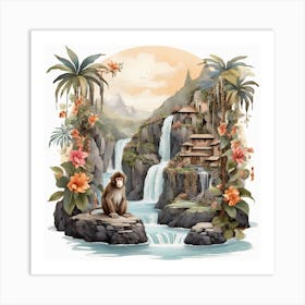 Waterfall and monkeys 1 Art Print