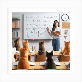 Teacher With Cats In Classroom Art Print