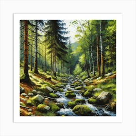 Stream In The Forest, Acrylic Painting Style 2 Art Print