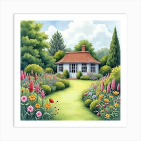 An English Garden With A Classic Summerhouse And Blooming Flowers, Painted In Watercolor 1 Art Print