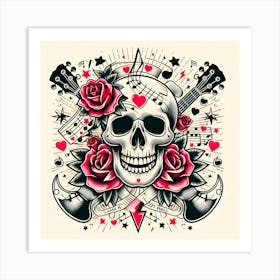 Skull With Roses And Guitars Art Print