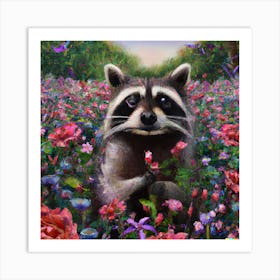 Raccoon in flower field 4 Art Print