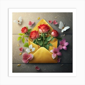 An open red and yellow letter envelope with flowers inside and little hearts outside 14 Art Print