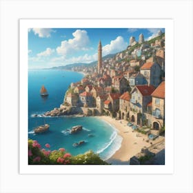 Village By The Sea City art print Art Print