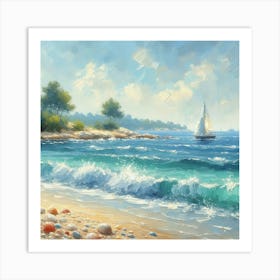 Sailboat On The Beach, Acrylic Painting Style 9 Art Print