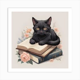 Black Cat On Books 1 Art Print