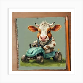 Cow Driving A Tractor Art Print