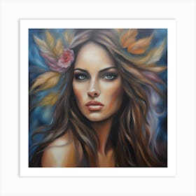 Woman With Flowers On Her Head Art Print