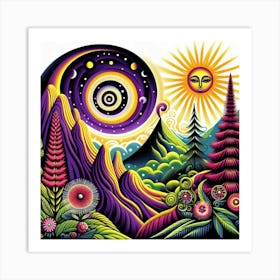 Mountain With Spiral Moon Sun Bottlebrush Tree Art Print