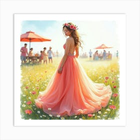 Dreamy Gown Watercolor, Against A Vibrant Summer Festival 1 Art Print