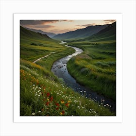 A Lush Green Valley With A Winding River And Wildflowers In Bloom2 Art Print