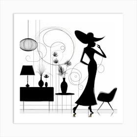 Elegant Lady wearing a Hat In Living Room - Line Drawing 3 Art Print