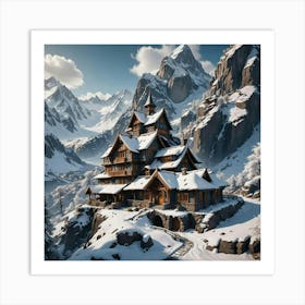 Beautiful House In Between Snow Caped Mountain Art Print