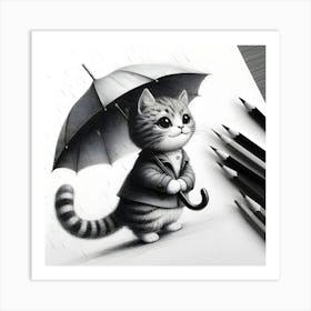 A Black And White Pencil Sketch Of A Cat Holding An Umbrella 2 Art Print