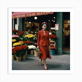 Frida Kahlo on street in Red dress Art Print