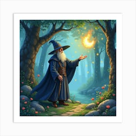 Sorcerer Controlling The Elements In An Enchanted Forest, Watercolor 1 Art Print