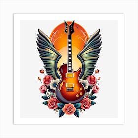 Guitar With Wings And Roses Art Print