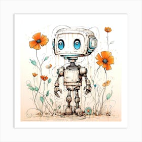 Robot In Flowers Art Print