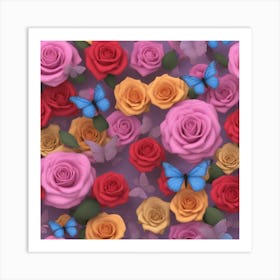 3d Roses And Butterflies Art Print