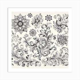 Floral Ornaments In Black And White Art Print