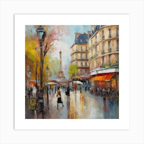 Paris In The Rain.Paris city, pedestrians, cafes, oil paints, spring colors. Art Print