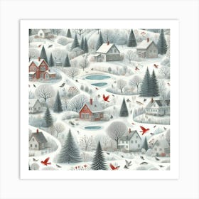 Winter Village In Pastel Shades With Red Birds Art Print