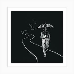 ine path. The man is dressed in a vintage ensemble, holding onto an old-fashioned umbrella. The path is shrouded in complete darkness, with only the faint silhouette of the man and the subtle outlines of the winding path visible. The ink lines are bold and dramatic, creating an atmosphere of mystery and suspense.. Art Print