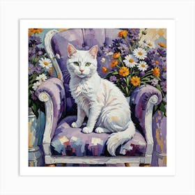 White Cat On Purple Chair Art Print