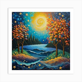 Whimsical Night: A Serene Lake Under a Swirling Starry Sky Art Print