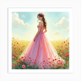 Romantic Gown Watercolor, In A Lush, Fragrant Flower Field 1 Art Print