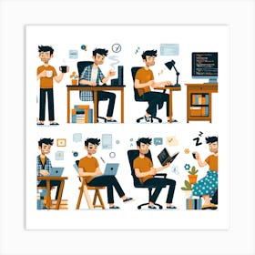 Flat Vector Illustration Of A Man Working At His Desk Art Print
