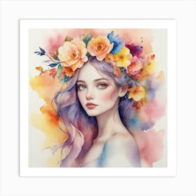 Watercolor Girl With Flowers Art Print Art Print