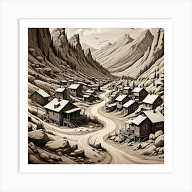 Prospectors Village Monochrome Cubism Style Art Print