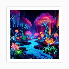 A Neon Lit Jungle With Glowing Flora And Fauna 2c Where The Trees Are Circuit Boards And The Rivers Flow With Liquid Light 3 Art Print