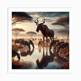 Antelopes Drinking Water 1 Art Print