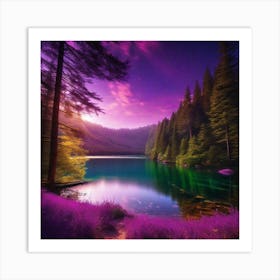 Purple Lake In The Forest Art Print