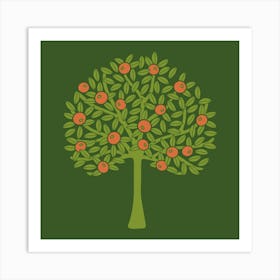 ORANGERIE Tropical Citrus Fruit Tree Botanical in Vintage 1970s Avocado Green and Burnt Orange on Olive Green Art Print