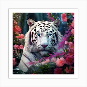 White Tiger With Flowers Art Print