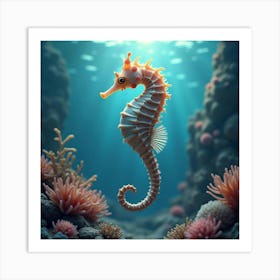 An Ethereal Sea Horse With An Ornate, Shimmering Shell Swimming In A Fantasy Reef Art Print