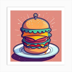 Burger On Plate On Table Sticker 2d Cute Fantasy Dreamy Vector Illustration 2d Flat Centered (23) Art Print