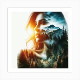 Double Exposure Dreamscape Beautiful Woman In The Forest and Mountains 1 Art Print