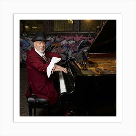 Elderly Male Pianist Soulful Eyes Fedora Clad Immersed In Play Neon Burgundy Beige Cream Palet Art Print