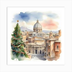 Watercolor Christmas Tree In Rome Art Print