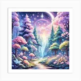 A Fantasy Forest With Twinkling Stars In Pastel Tone Square Composition 452 Art Print