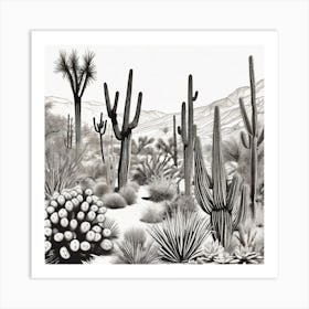 Cactus Desert Black and White Art Print