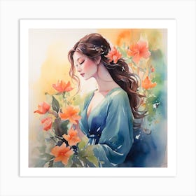 Watercolor Of A Girl With Flowers  Art Print