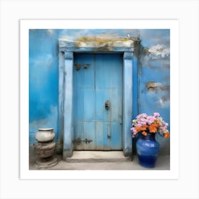 Blue wall. An old-style door in the middle, silver in color. There is a large pottery jar next to the door. There are flowers in the jar Spring oil colors. Wall painting.1 Art Print