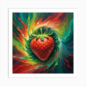 A Strawberry, Realistically Rendered, Is Surrounded By A Swirling Vortex Of Vibrant Colors, Creating A Dynamic And Abstract Composition Art Print