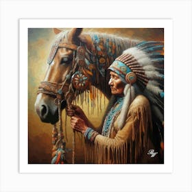 Elderly Native American Woman With Horse 3 Art Print